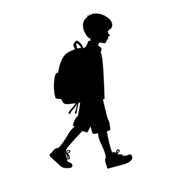 recommend clip art: Silhouette of a boy walking with his school backpack. Vector illustration