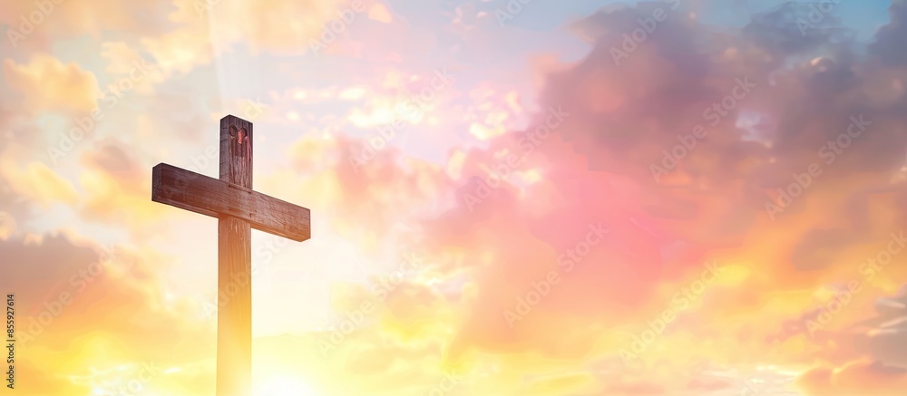 Poster christian cross on sunset sky. religion background. copy space image. place for adding text or desig