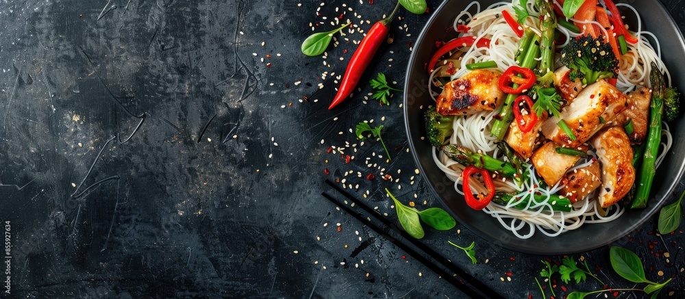 Wall mural Tasty dish of Asian cuisine with rice noodles, chicken, asparagus, pepper, sesame seeds and soy sauce on dark concrete background. Copy space image. Place for adding text or design - Wall murals