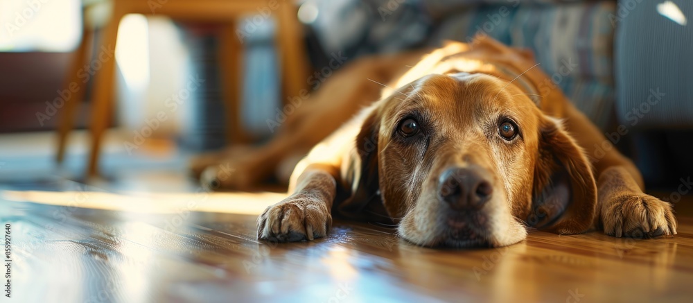 Poster dog lying on floor at home. copy space image. place for adding text and design