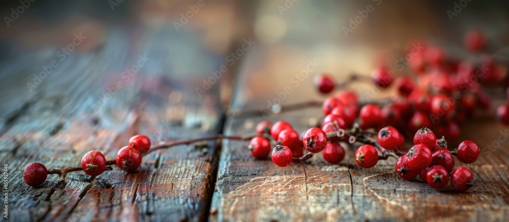 Poster red berry berry on christmas wooden rustic table. copy space image. place for adding text and design