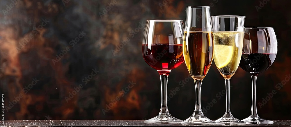 Poster different glasses with liquid or alcohol, free space for text. copy space image. place for adding te