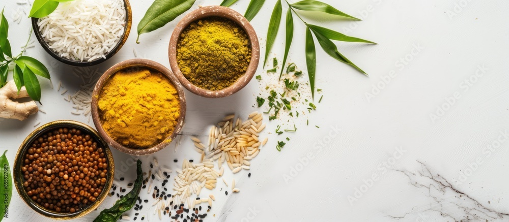 Poster rice box mixed curry paste pastel background food isolated. copy space image. place for adding text 