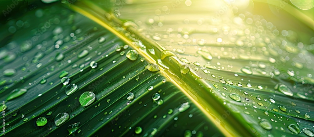 Aufkleber banana leaf with water drops. close-up. nature background. copy space image. place for adding text a
