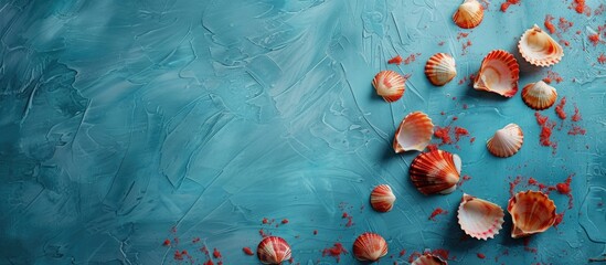 Blue wall decoration with red shellfish. Copy space image. Place for adding text and design