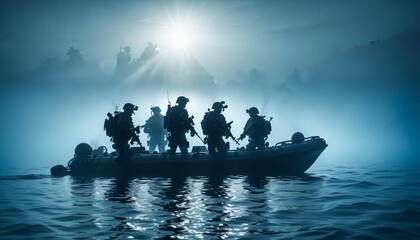silhouette of underwater commando team advancing on boat in foggy sunrise.