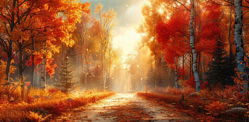 Sunset in the autumn forest. Created with Ai