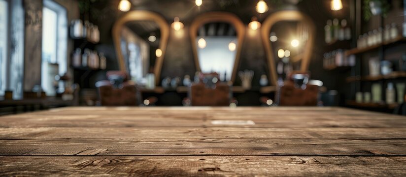 Wooden table background with blurred barber shop view. Empty space for decoration and advertising products. Copy space image. Place for adding text and design