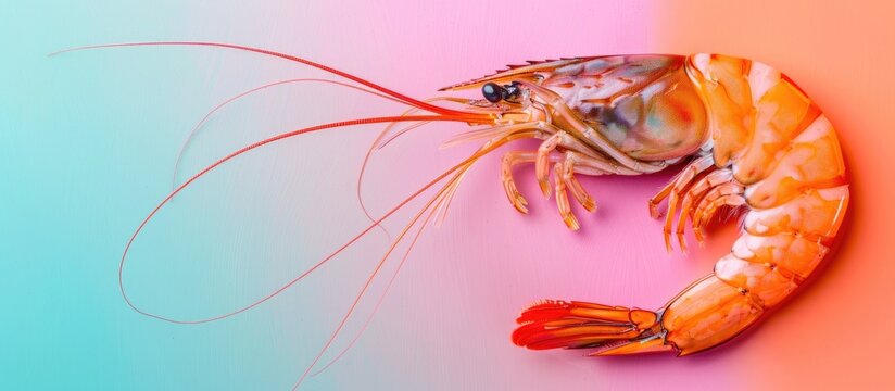 Giant Freshwater Prawn (Macrobra chium rosenbergii), Fresh shrimp on pastel background. Copy space image. Place for adding text and design