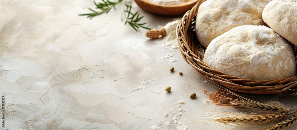 Poster bread dough and ingredients resting in basket on table. copy space image. place for adding text and 