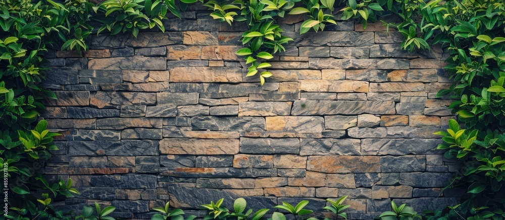 Aufkleber vintage dirty brick,stone wall texture with green tree frame background. copy space image. place for