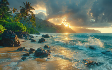 Beach with trees, Beautiful nature view. Created with Ai