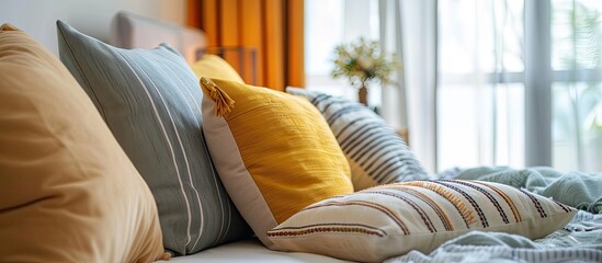 beautiful pillow on bed decoration room interior. Copy space image. Place for adding text and design