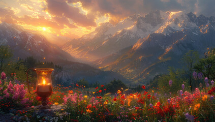 Colorful flowers with mountains, Beautiful sunset view. Created with Ai