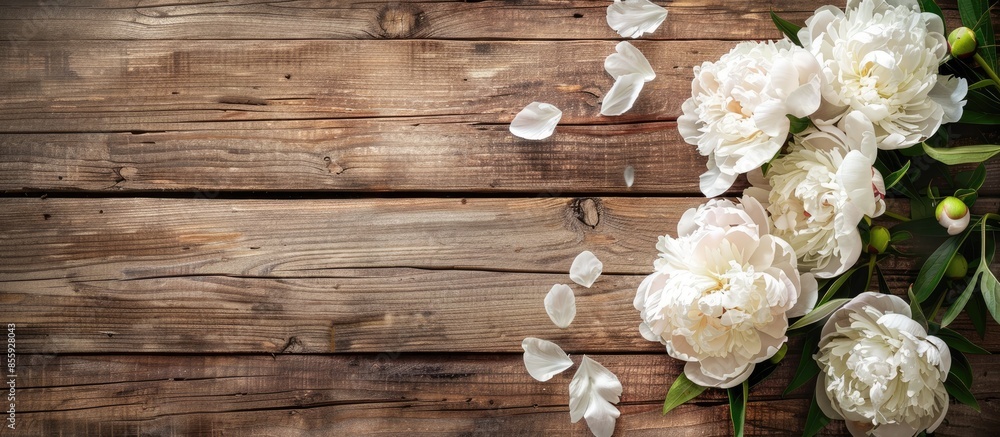 Poster white peonies on wooden background. copy space. copy space image. place for adding text or design