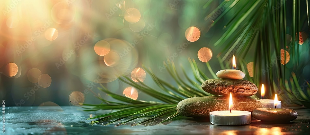 Aufkleber burning candles and spa stones with palm leaf on table against blurred green background, space for t