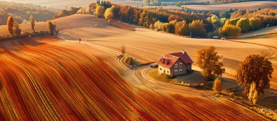 Obraz premium Countryside scenery at Fall season. Autumn colors. Harvest, harvesting time. Rural landscape. Aerial, view from above of the Farm. Copy space image. Place for adding text and design