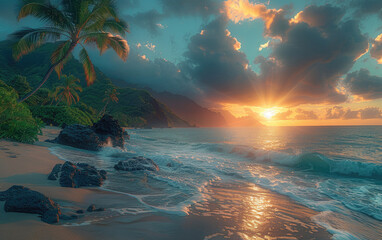 Beach with palm trees and sunset view. Created with Ai