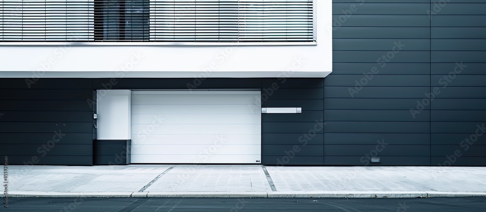 Poster automatic white shutters in the garage, private house. copy space image. place for adding text and d