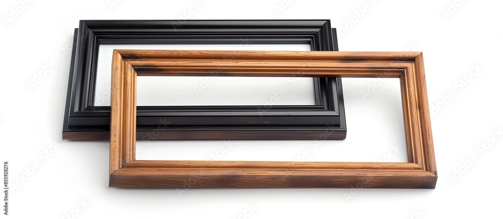 Poster brown and black wooden photo frame isolated on a white background. copy space image. place for addin