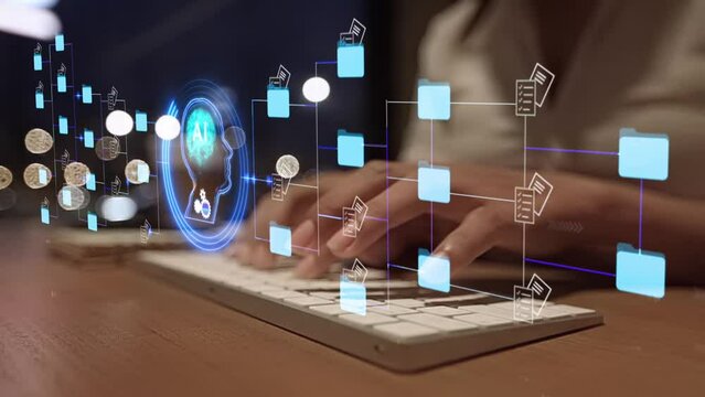 Ai artificial intelligence Futuristic holographic interface of a file manager, folder structure with documents and data scanning, digital document storage software, cloud database, search and manage 