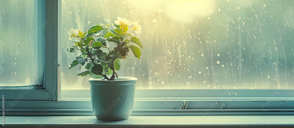 Poster flowerpot by the window. copy space image. place for adding text and design