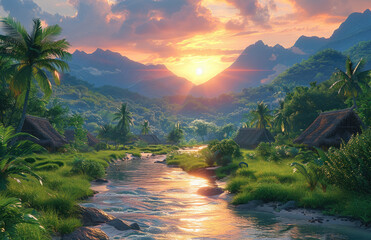 Sunset in the mountains. Created with Ai