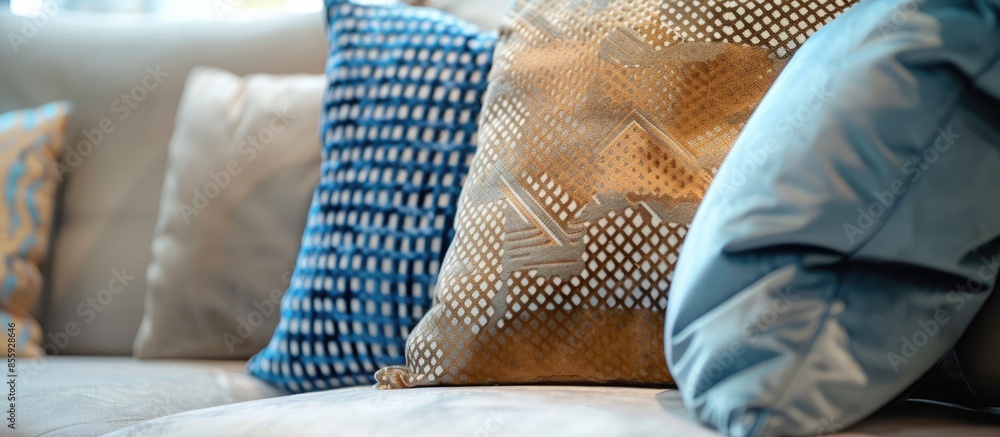 Aufkleber closeup of modern furniture with pillows. copy space image. place for adding text and design