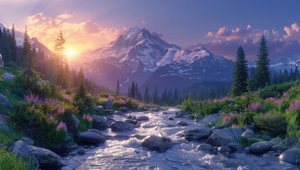 Beautiful lake in the mountains. Created with Ai