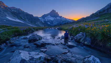 Beautiful sunset view in the lake with mountains. Created with Ai