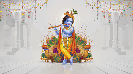 Krishna Janmashtami, Lord Krishna Indian God Janmashtami festival, Krishna Janmashtami Poster, Happy Krishna Janmashtami, Illustration Design. Lord Shri Krishna's birth day, Janmashtami,   