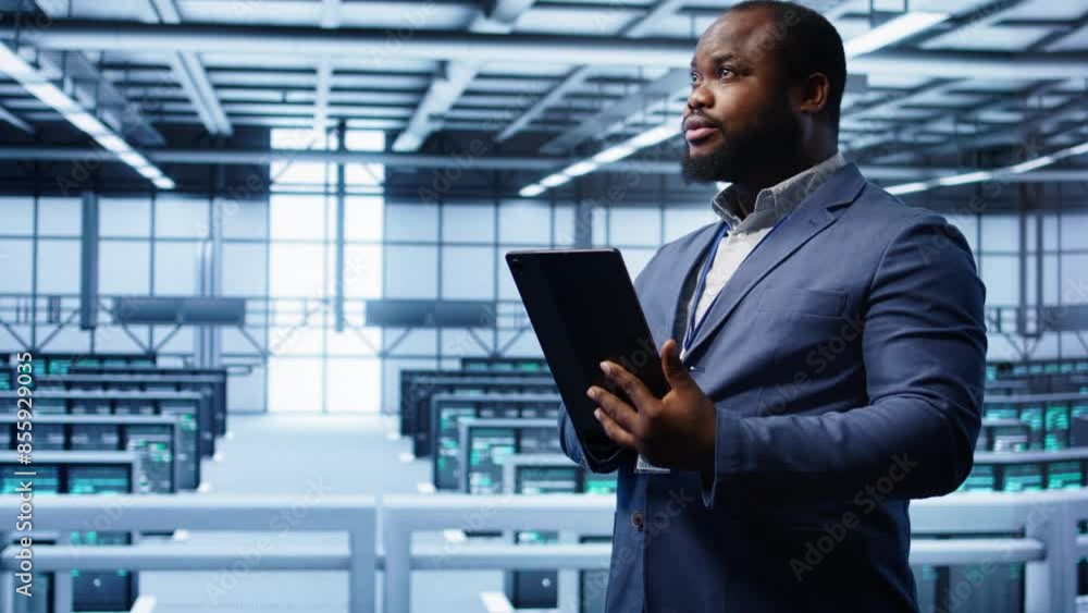 Poster programmer in server room location using tablet to patch network issues affecting transfer rates. af