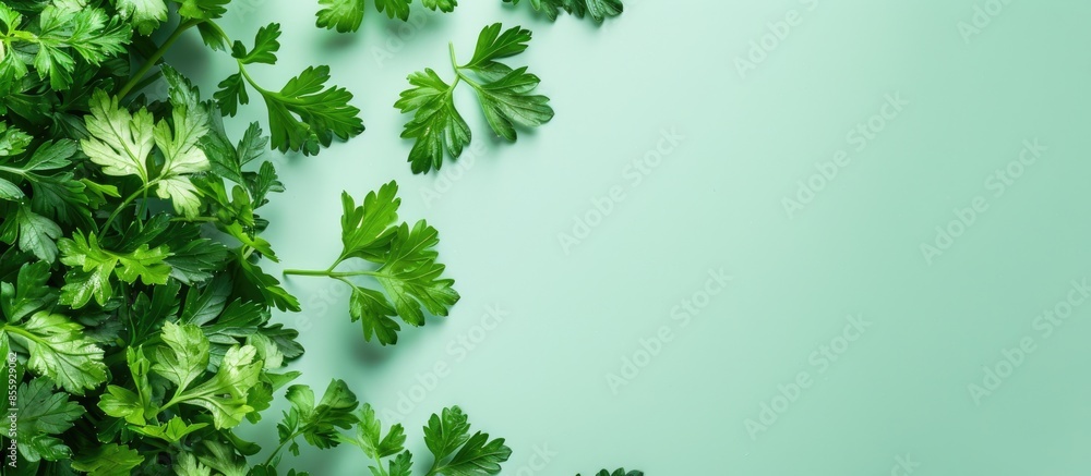 Poster green leaves of parsley isolated on pastel background, top view. copy space image. place for adding 