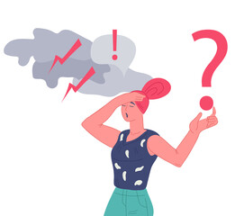 Upset confused woman having unresolved problem. Anxiety or panic attack, Psychological fear, confusion or depression problems.