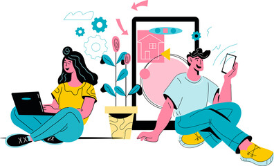 Online chat and social network concept with young people using mobile gadgets for text messages and document files exchange.