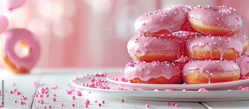 Aufkleber stack of pink doughnuts on the plate. valentine's day concept. copy space image. place for adding te
