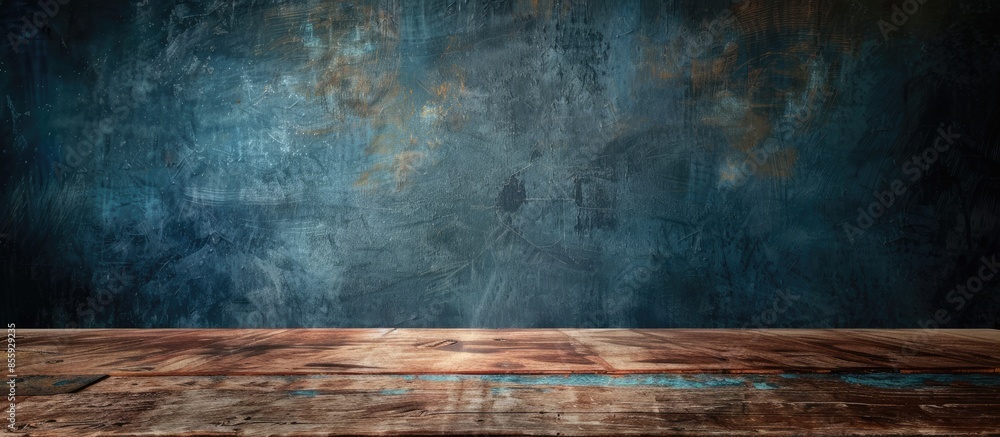 Poster wooden table over wall grunge background. copy space image. place for adding text and design