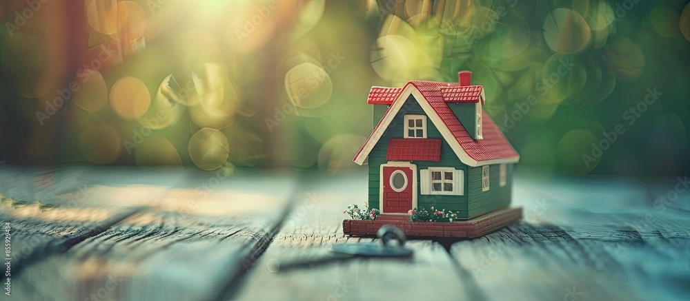 Poster small house model with key over wooden floor. selective focus. copy space image. place for adding te