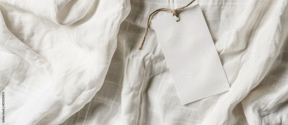 Poster white blank clothes label on white linen as a background. copy space image. place for adding text an