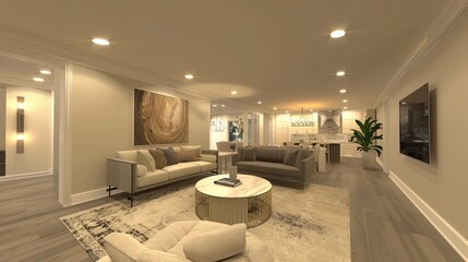 A newly renovated living room with contemporary furniture, a large abstract painting, and a neutral color palette. Generative AI