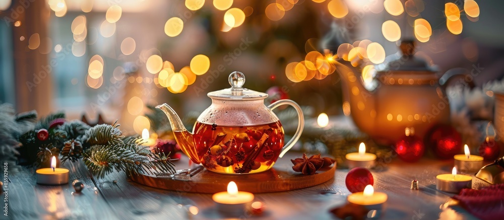 Poster new year's tea party at the table with a teapot, candles on the background of the christmas tree. co