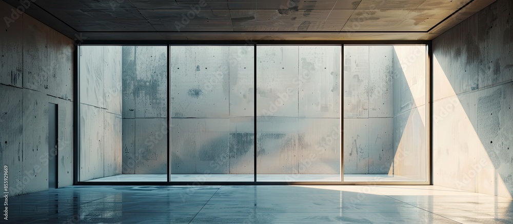 Poster empty room with glass window frame house interior on concrete wall. copy space image. place for addi