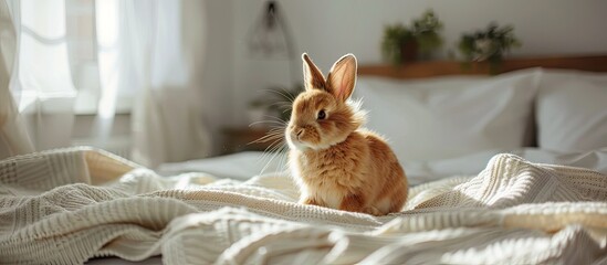 Adorable decorative rabbit bunny sitting on bed in white modern interior, on blanket,looking at camera.Cute,beautiful, funny pet,domestic animal at home. Copy space image