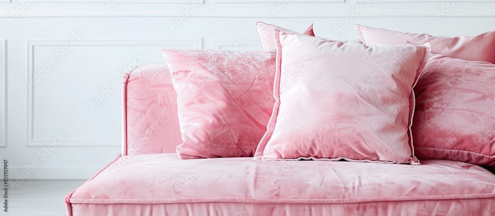 Sticker Fragment of a pink sofa with pillows, close-up, on a white background in isolation. Copy space image. Place for adding text and design