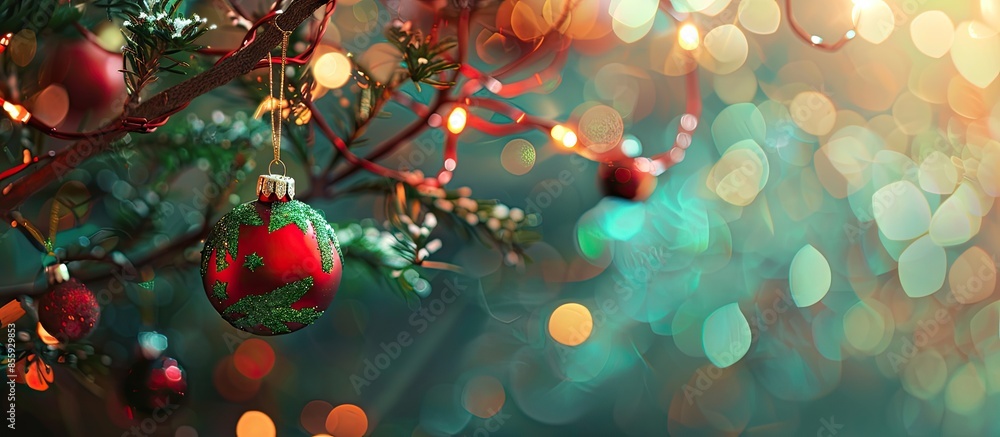 Poster closeup of red and green bauble hanging from a decorated christmas branch. abstract background with 