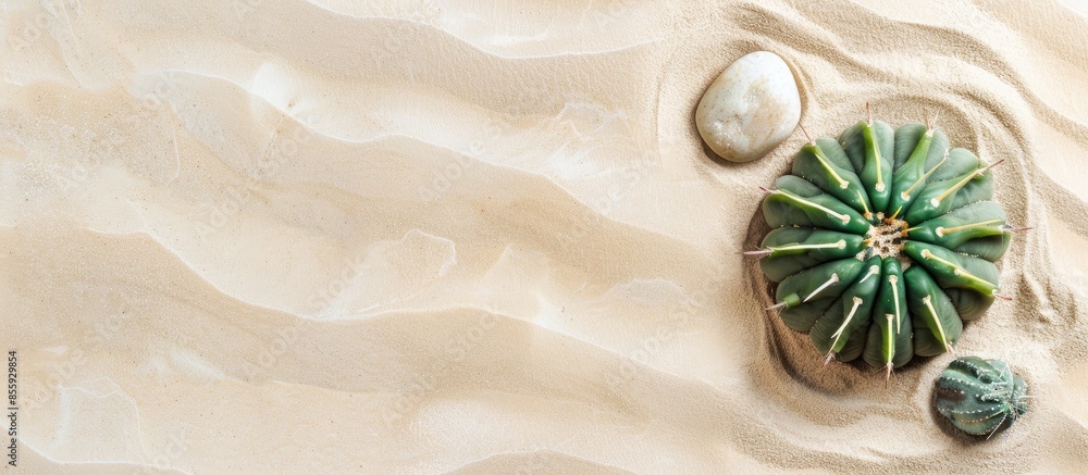Poster top view green cactus and stone on sand pastel background. copy space image. place for adding text a
