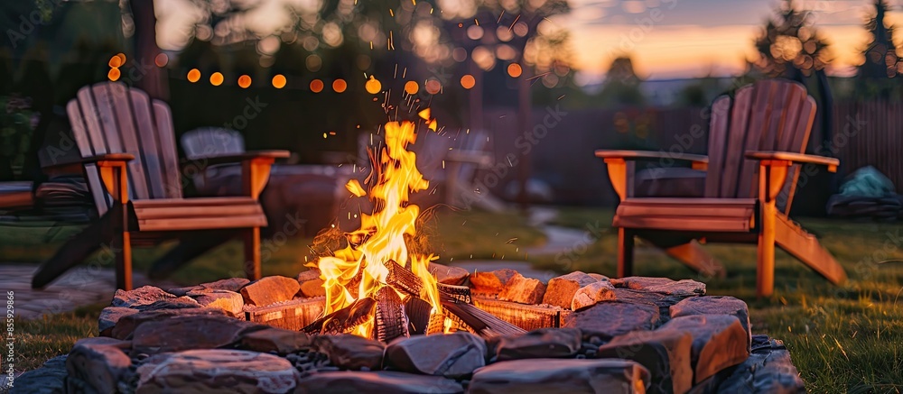 Poster beautiful backyard firepit at dusk with comfortable chairs. copy space image. place for adding text 