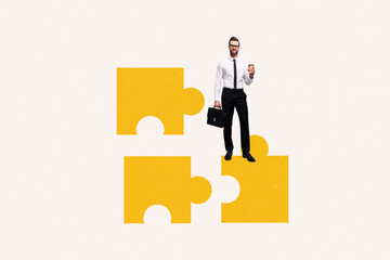 Creative collage young handsome man entrepreneur diligent employee manager suitcase puzzle game...
