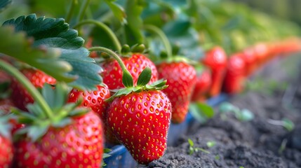 Close-up of ripe strawberries growing on plants in a garden. Rows of strawberry plants.