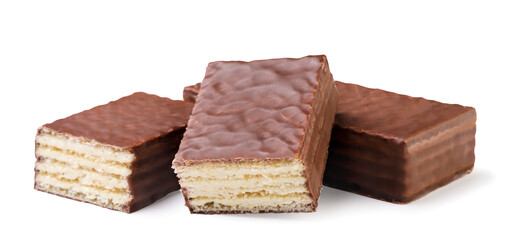 Wafers covered with chocolate and halves on a white background. Isolated